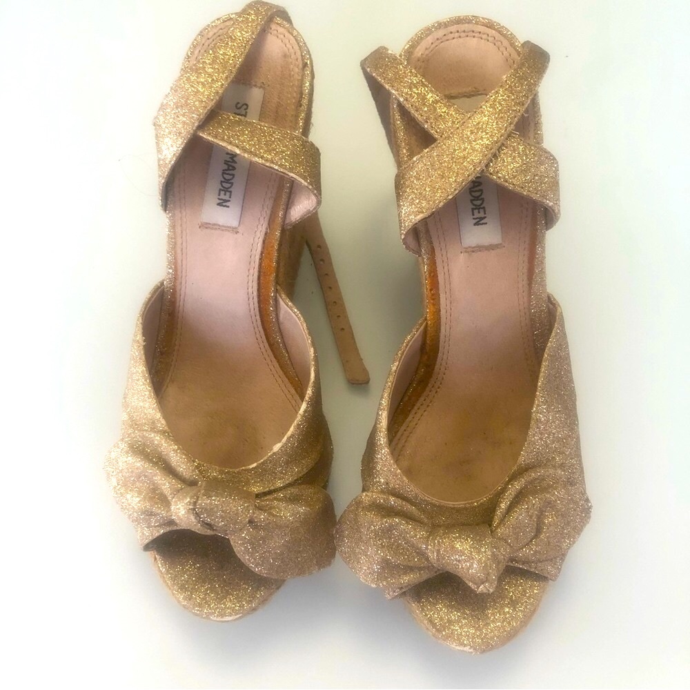 Steve Madden Gold Glitter Platform Wedge Espadrille Sandals Size 7.5 ✨